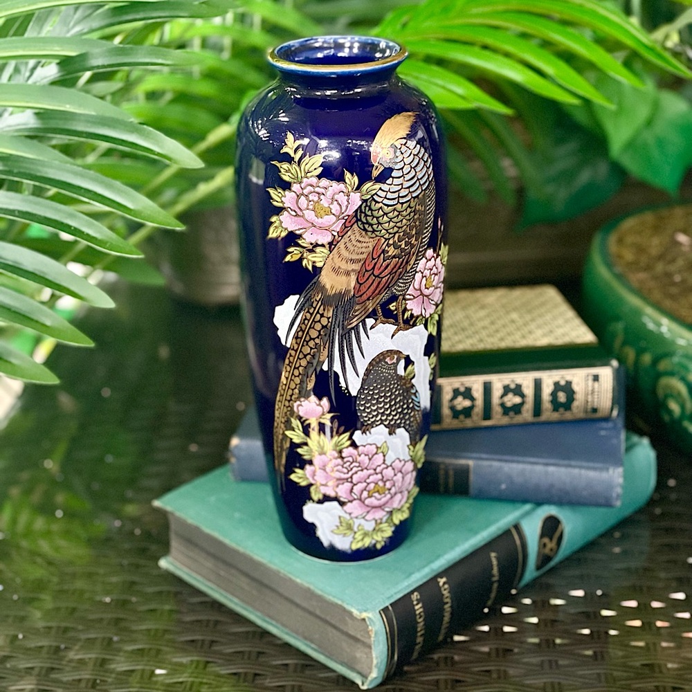 Vintage Mid Century Bijutsu Toki Vase with Pheasant Birds & Flowers 9 Inch VGT